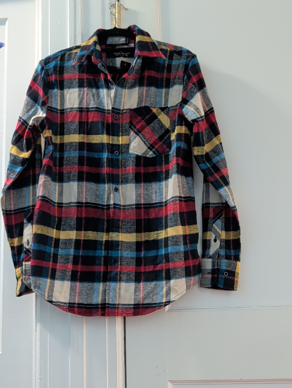 Tailor Vintage Black & Cream Plaid Shirt with Red, Blue & Yellow Stripes